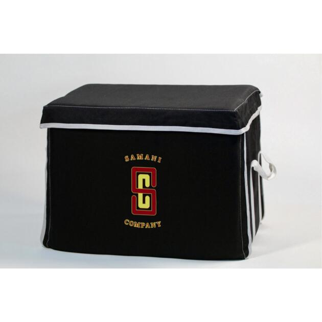 Black Samani Company storage bag with white trim and logo design - cropped white border
