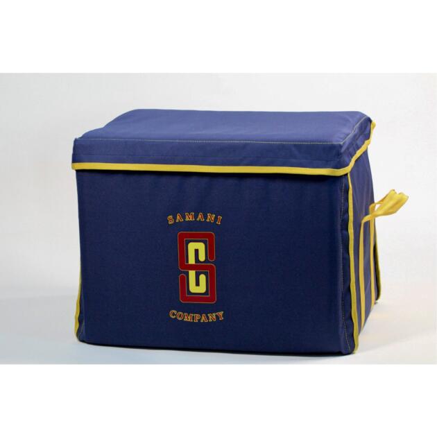 Navy blue Samani Company storage bag with yellow trim and logo design. - cropped white border