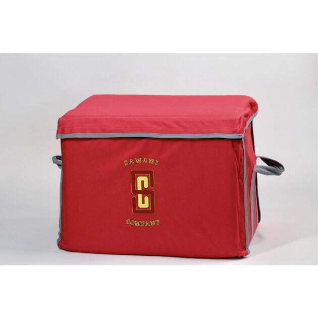 Red Samani Company storage bag with gray trim and logo design. - cropped white border