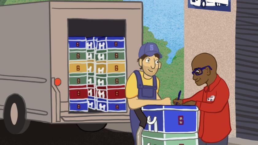 A delivery worker unloads colorful Samani Company storage bags from a truck while a customer signs a receipt. The bags are stacked on a hand truck, and the background shows a loading dock area with trees.