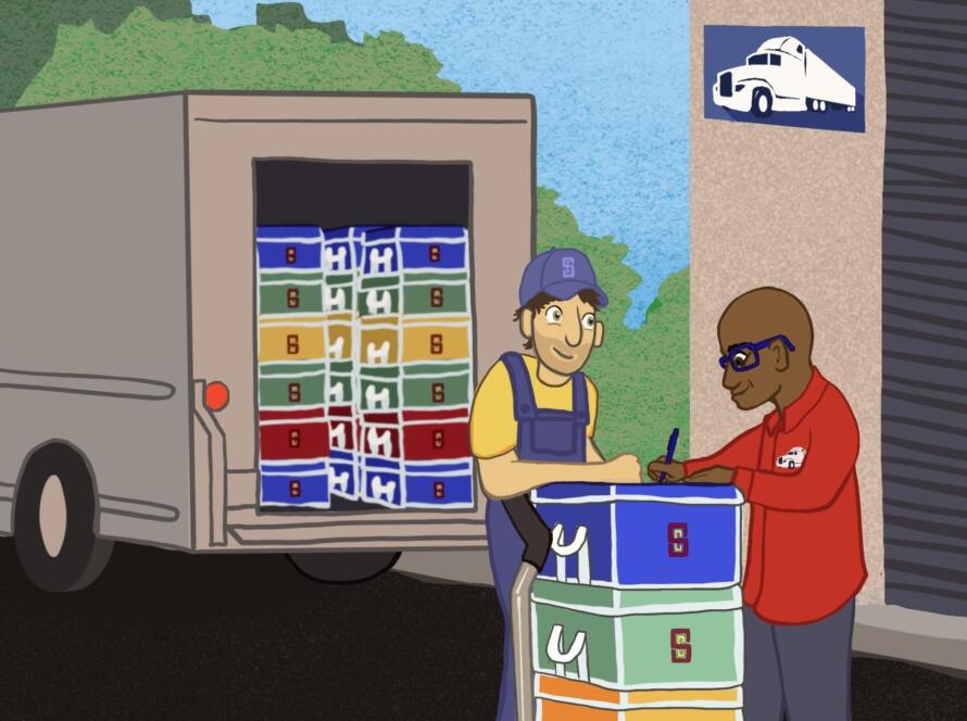 A delivery worker unloads colorful Samani Company storage bags from a truck while a customer signs a receipt. The bags are stacked on a hand truck, and the background shows a loading dock area with trees.