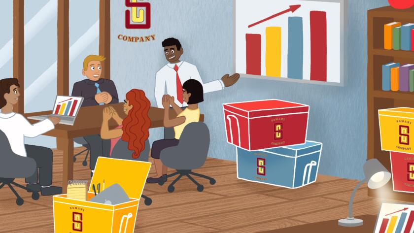 An illustration of an office meeting room with five diverse people engaged in a presentation about company growth. One person is standing and pointing at a bar chart on the wall, while others are sitting around a table, one on a laptop. The room features several colorful Samani Company storage bags and boxes stacked on the floor and near a bookshelf, all branded with the Samani Company logo. There is a large window, a potted plant, and a desk with a laptop and a lamp. The scene emphasizes the use of Samani Company storage solutions in a professional setting.