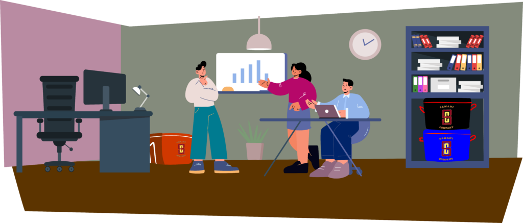 An illustration of an office scene with three people having a discussion. Behind them, there are several Samani Company storage bags with the company's logo, placed on a shelf. The room features a desk with a computer, a plant, a wall clock, and a presentation chart showing upward growth. One person is standing and gesturing towards the chart, while the other two are seated, one working on a laptop and the other listening attentively. The setting suggests a professional environment emphasizing the use of Samani Company storage solutions.