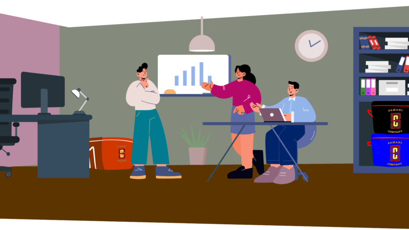 An illustration of an office scene with three people having a discussion. Behind them, there are several Samani Company storage bags with the company's logo, placed on a shelf. The room features a desk with a computer, a plant, a wall clock, and a presentation chart showing upward growth. One person is standing and gesturing towards the chart, while the other two are seated, one working on a laptop and the other listening attentively. The setting suggests a professional environment emphasizing the use of Samani Company storage solutions.
