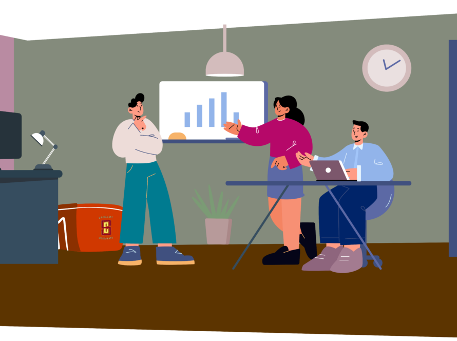 An illustration of an office scene with three people having a discussion. Behind them, there are several Samani Company storage bags with the company's logo, placed on a shelf. The room features a desk with a computer, a plant, a wall clock, and a presentation chart showing upward growth. One person is standing and gesturing towards the chart, while the other two are seated, one working on a laptop and the other listening attentively. The setting suggests a professional environment emphasizing the use of Samani Company storage solutions.