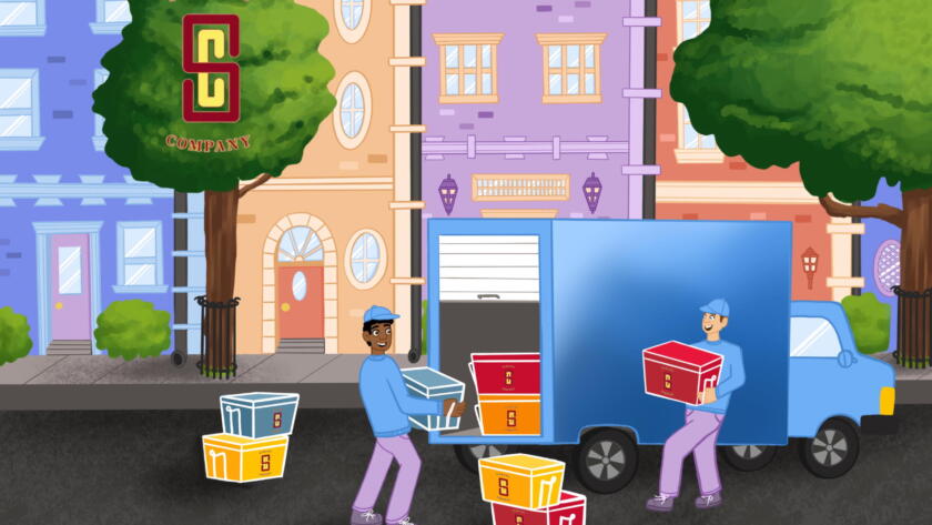 A couple of movers bring colorful Samani Company storage bags to a blue truck. They are each carrying a different color bag and there are two stacks of colorful bags nearby the truck. There's already a stack in the truck.