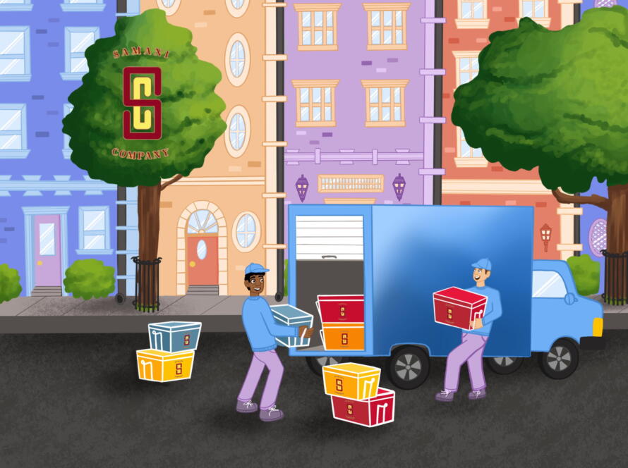 A couple of movers bring colorful Samani Company storage bags to a blue truck. They are each carrying a different color bag and there are two stacks of colorful bags nearby the truck. There's already a stack in the truck.