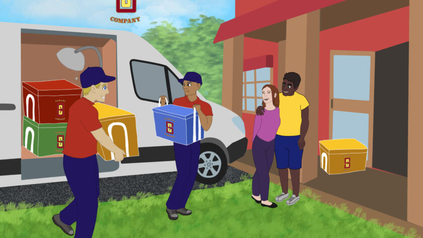 Movers bring colorful Samani Company storage bags to a couple’s home. The couple stands outside smiling as the workers unload bags from a van, with one bag already placed on the porch.