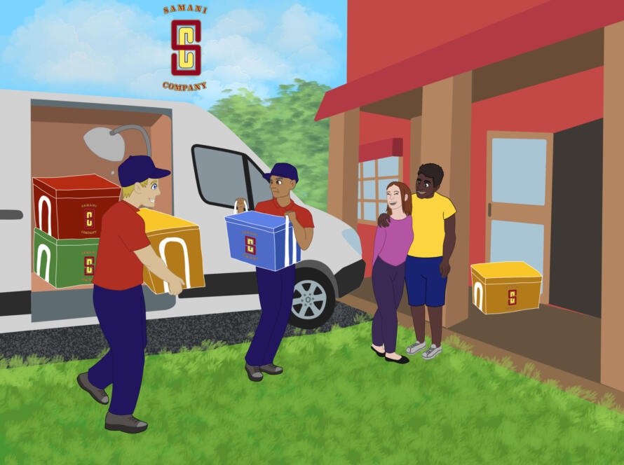 Movers bring colorful Samani Company storage bags to a couple’s home. The couple stands outside smiling as the workers unload bags from a van, with one bag already placed on the porch.